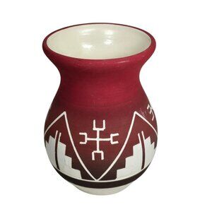 Native American Pottery Vase High Elk Sioux Tribal Design Red White 6 in Signed